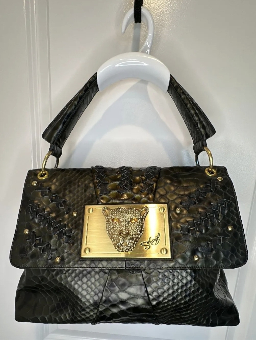 Sharif Limited Edition Lion Rhinest TIGER Reptile Embossed Leather STUNNING NWOT